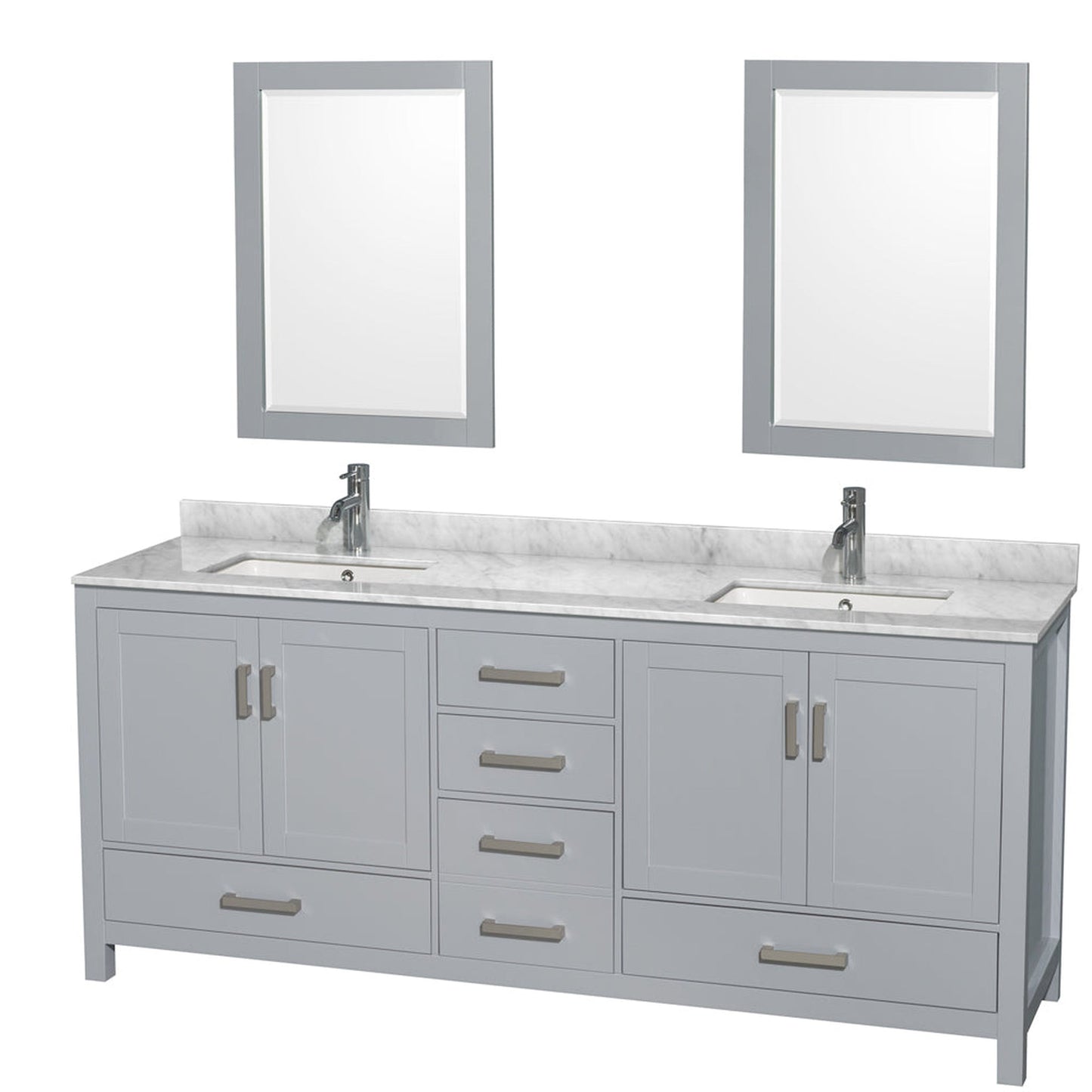 Wyndham Collection Sheffield 80" Double Bathroom Vanity in Gray, White Carrara Marble Countertop, Undermount Square Sinks, and 24" Mirror