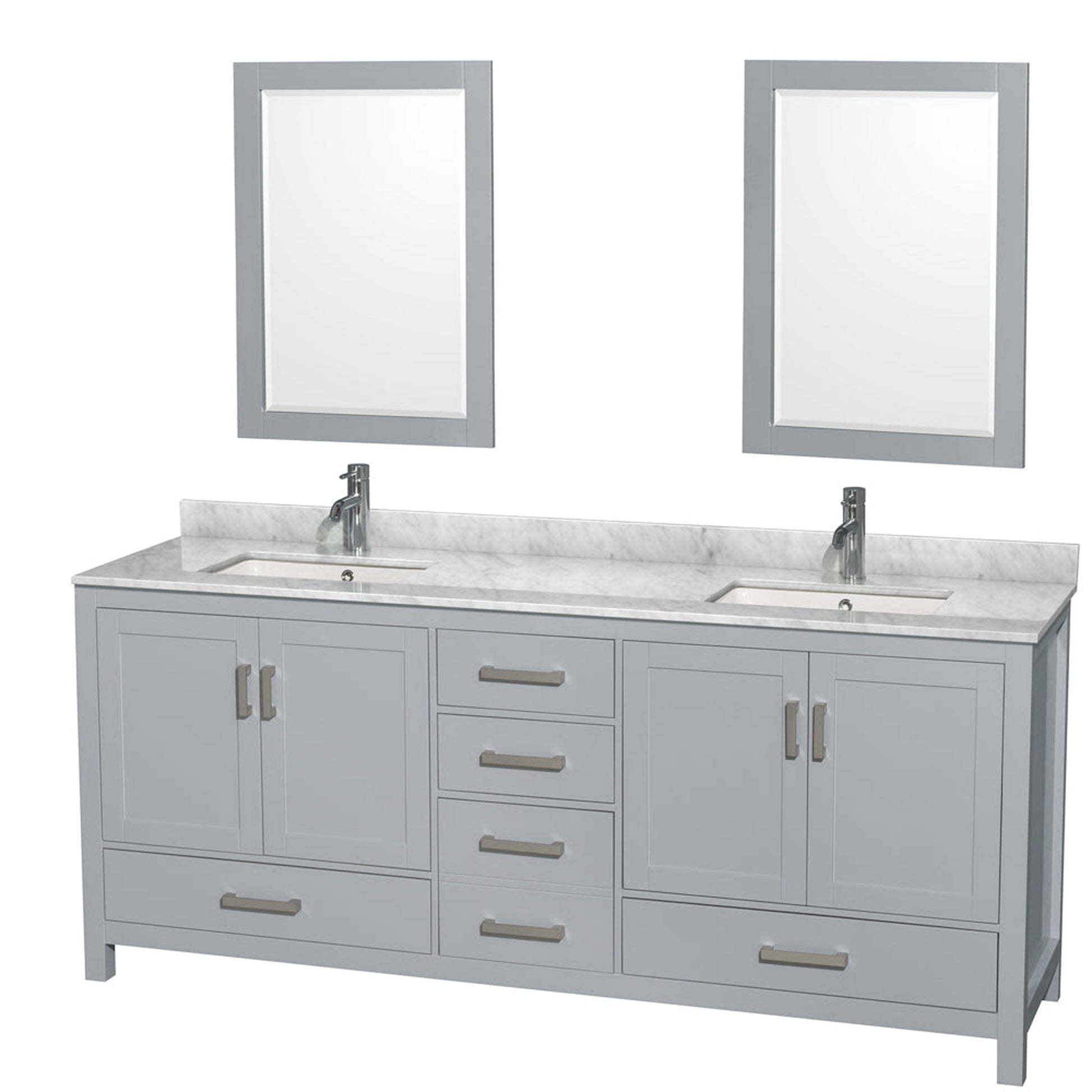 Wyndham Collection Sheffield 80" Double Bathroom Vanity in Gray, White Carrara Marble Countertop, Undermount Square Sinks, and 24" Mirror