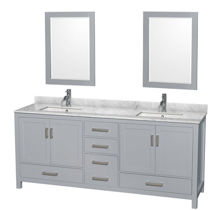 Wyndham Collection Sheffield 80" Double Bathroom Vanity in Gray, White Carrara Marble Countertop, Undermount Square Sinks, and 24" Mirror