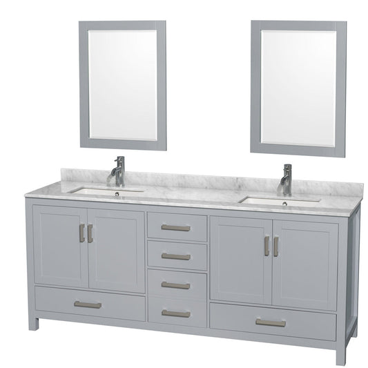 Wyndham Collection Sheffield 80" Double Bathroom Vanity in Gray, White Carrara Marble Countertop, Undermount Square Sinks, and 24" Mirror