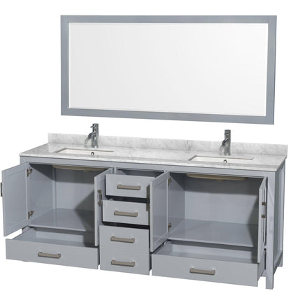 Wyndham Collection Sheffield 80" Double Bathroom Vanity in Gray, White Carrara Marble Countertop, Undermount Square Sinks, and 70" Mirror