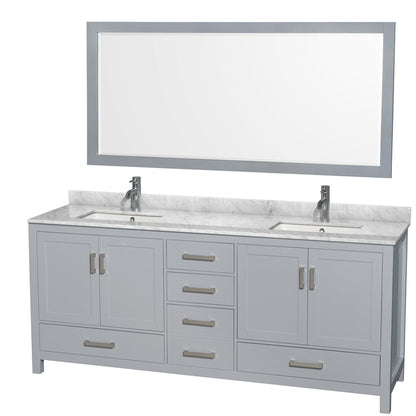 Wyndham Collection Sheffield 80" Double Bathroom Vanity in Gray, White Carrara Marble Countertop, Undermount Square Sinks, and 70" Mirror