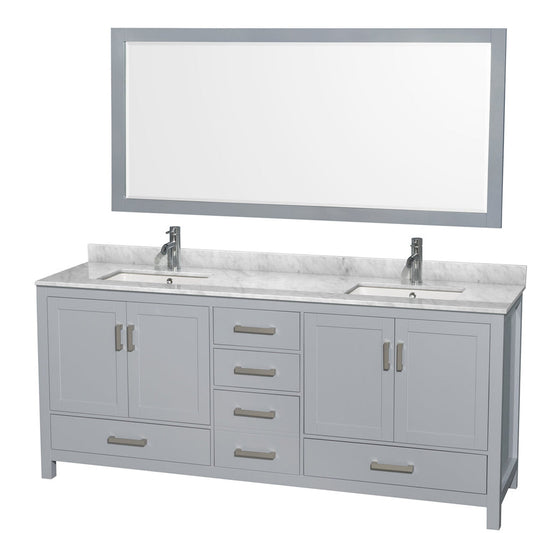 Wyndham Collection Sheffield 80" Double Bathroom Vanity in Gray, White Carrara Marble Countertop, Undermount Square Sinks, and 70" Mirror