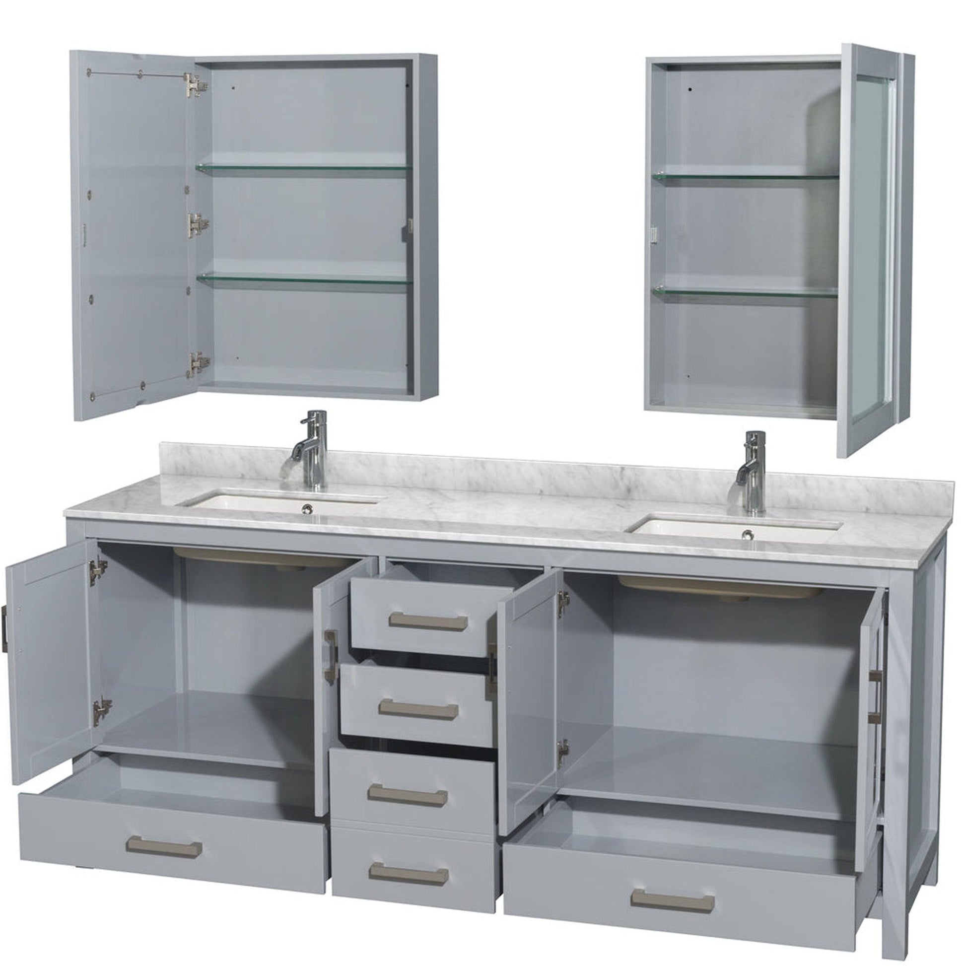 Wyndham Collection Sheffield 80" Double Bathroom Vanity in Gray, White Carrara Marble Countertop, Undermount Square Sinks, and Medicine Cabinet