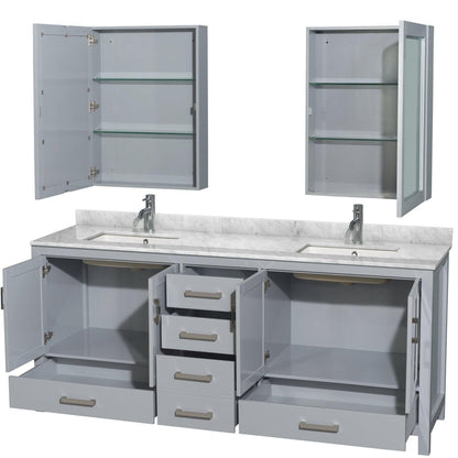 Wyndham Collection Sheffield 80" Double Bathroom Vanity in Gray, White Carrara Marble Countertop, Undermount Square Sinks, and Medicine Cabinet