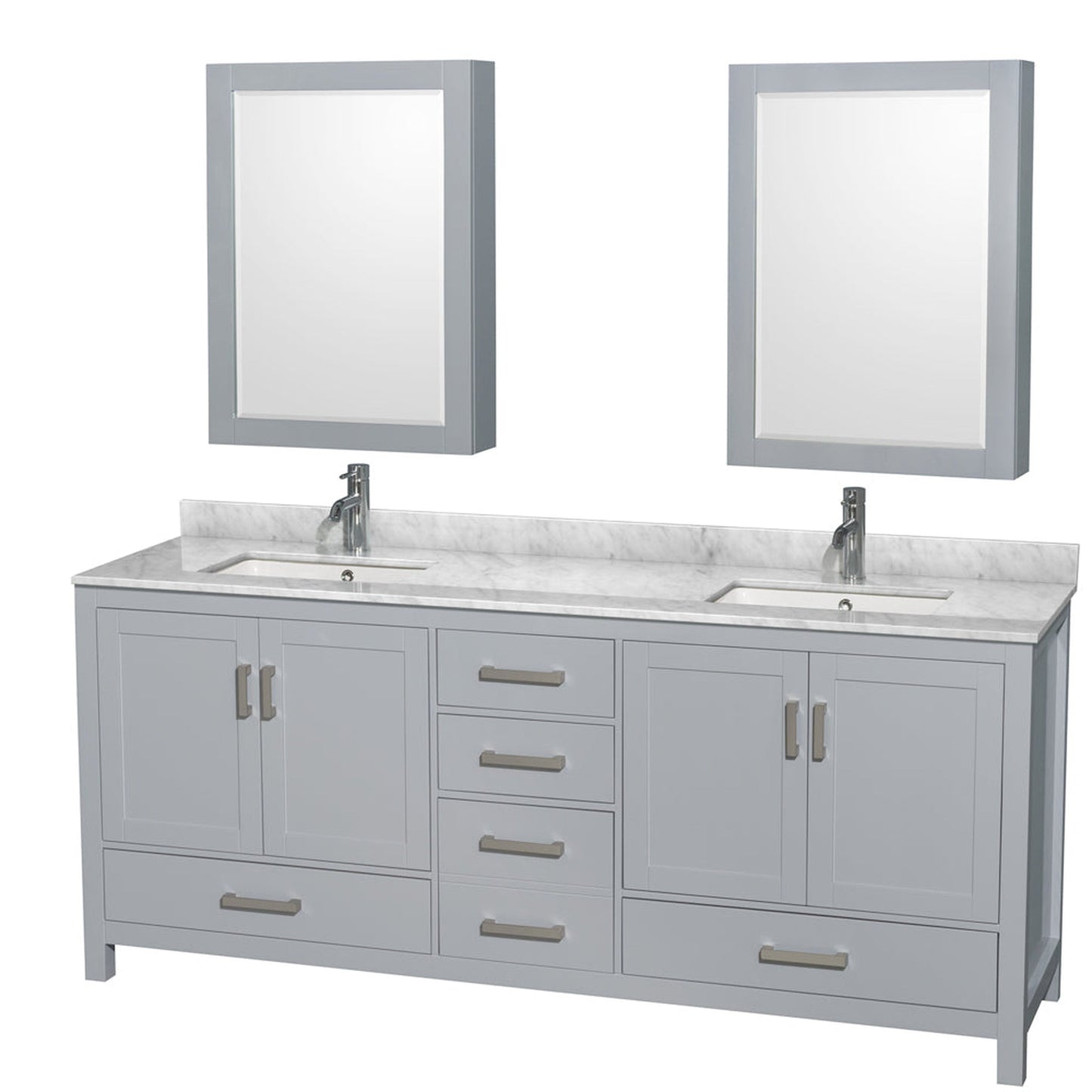 Wyndham Collection Sheffield 80" Double Bathroom Vanity in Gray, White Carrara Marble Countertop, Undermount Square Sinks, and Medicine Cabinet