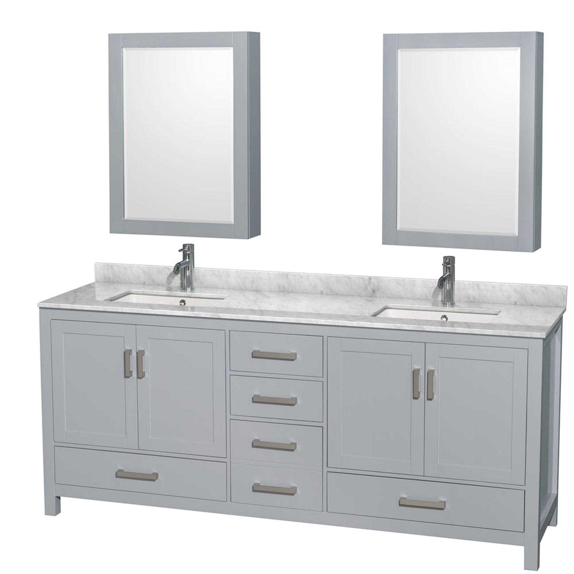Wyndham Collection Sheffield 80" Double Bathroom Vanity in Gray, White Carrara Marble Countertop, Undermount Square Sinks, and Medicine Cabinet