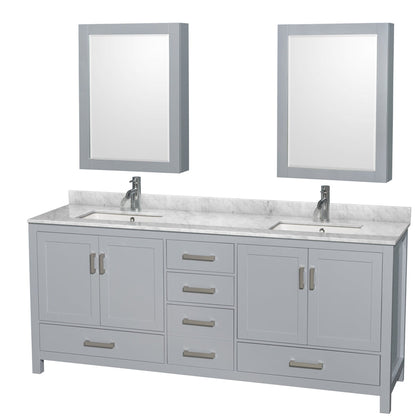 Wyndham Collection Sheffield 80" Double Bathroom Vanity in Gray, White Carrara Marble Countertop, Undermount Square Sinks, and Medicine Cabinet