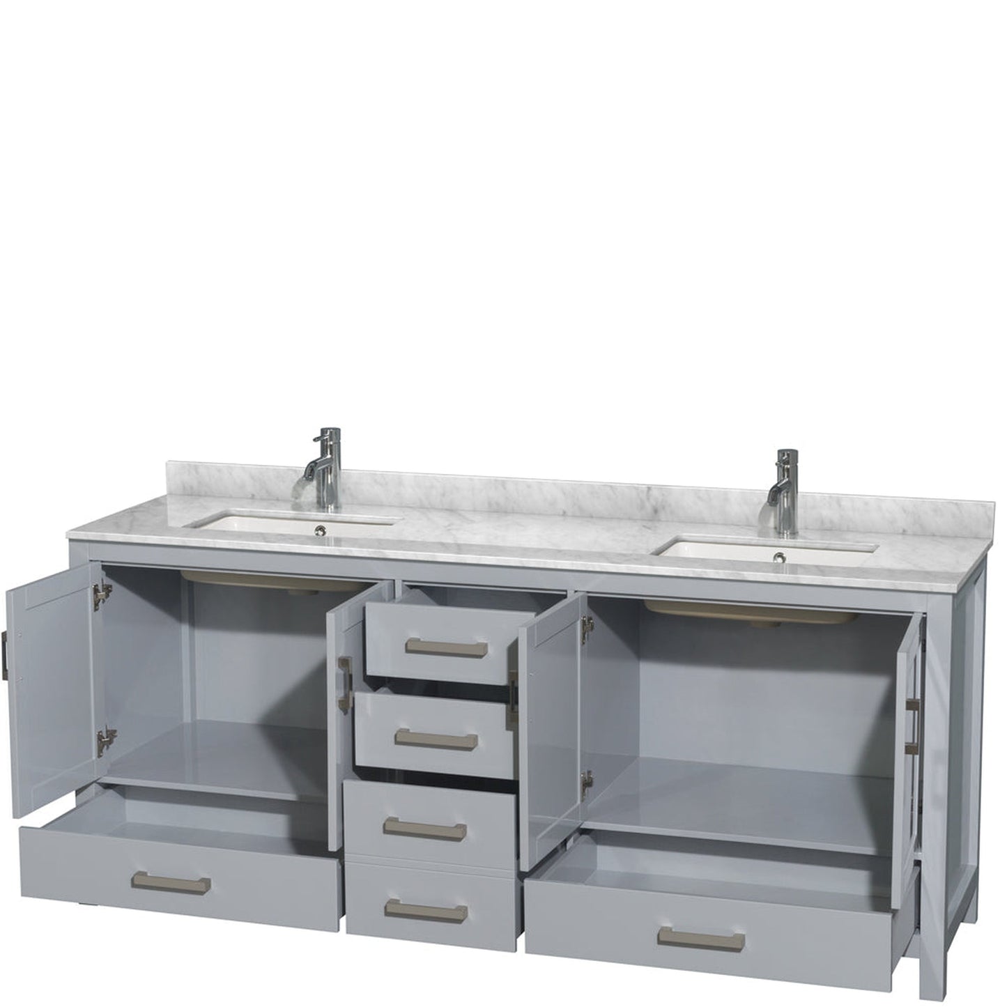 Wyndham Collection Sheffield 80" Double Bathroom Vanity in Gray, White Carrara Marble Countertop, Undermount Square Sinks, and No Mirror