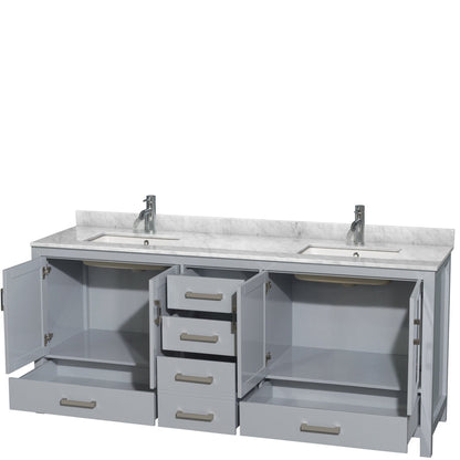 Wyndham Collection Sheffield 80" Double Bathroom Vanity in Gray, White Carrara Marble Countertop, Undermount Square Sinks, and No Mirror