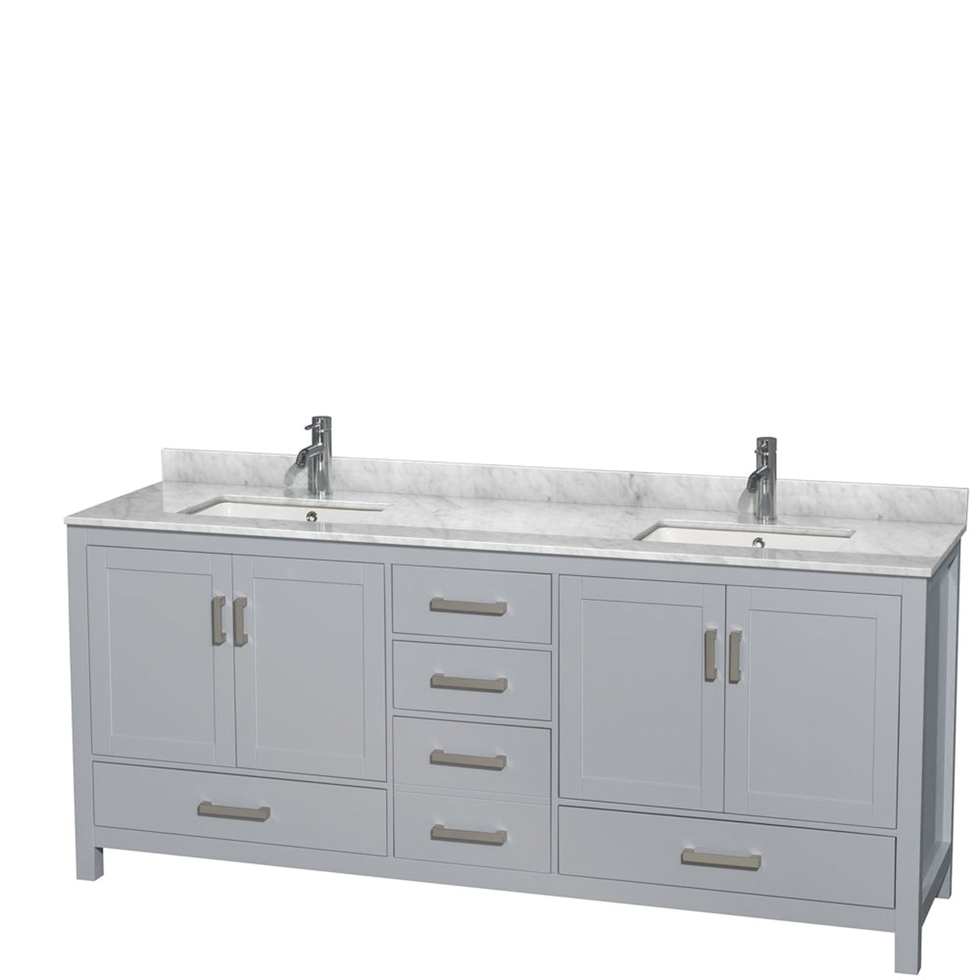 Wyndham Collection Sheffield 80" Double Bathroom Vanity in Gray, White Carrara Marble Countertop, Undermount Square Sinks, and No Mirror