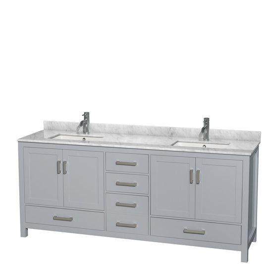 Wyndham Collection Sheffield 80" Double Bathroom Vanity in Gray, White Carrara Marble Countertop, Undermount Square Sinks, and No Mirror