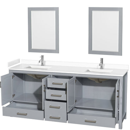 Wyndham Collection Sheffield 80" Double Bathroom Vanity in Gray, White Cultured Marble Countertop, Undermount Square Sinks, 24" Mirror