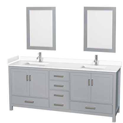 Wyndham Collection Sheffield 80" Double Bathroom Vanity in Gray, White Cultured Marble Countertop, Undermount Square Sinks, 24" Mirror