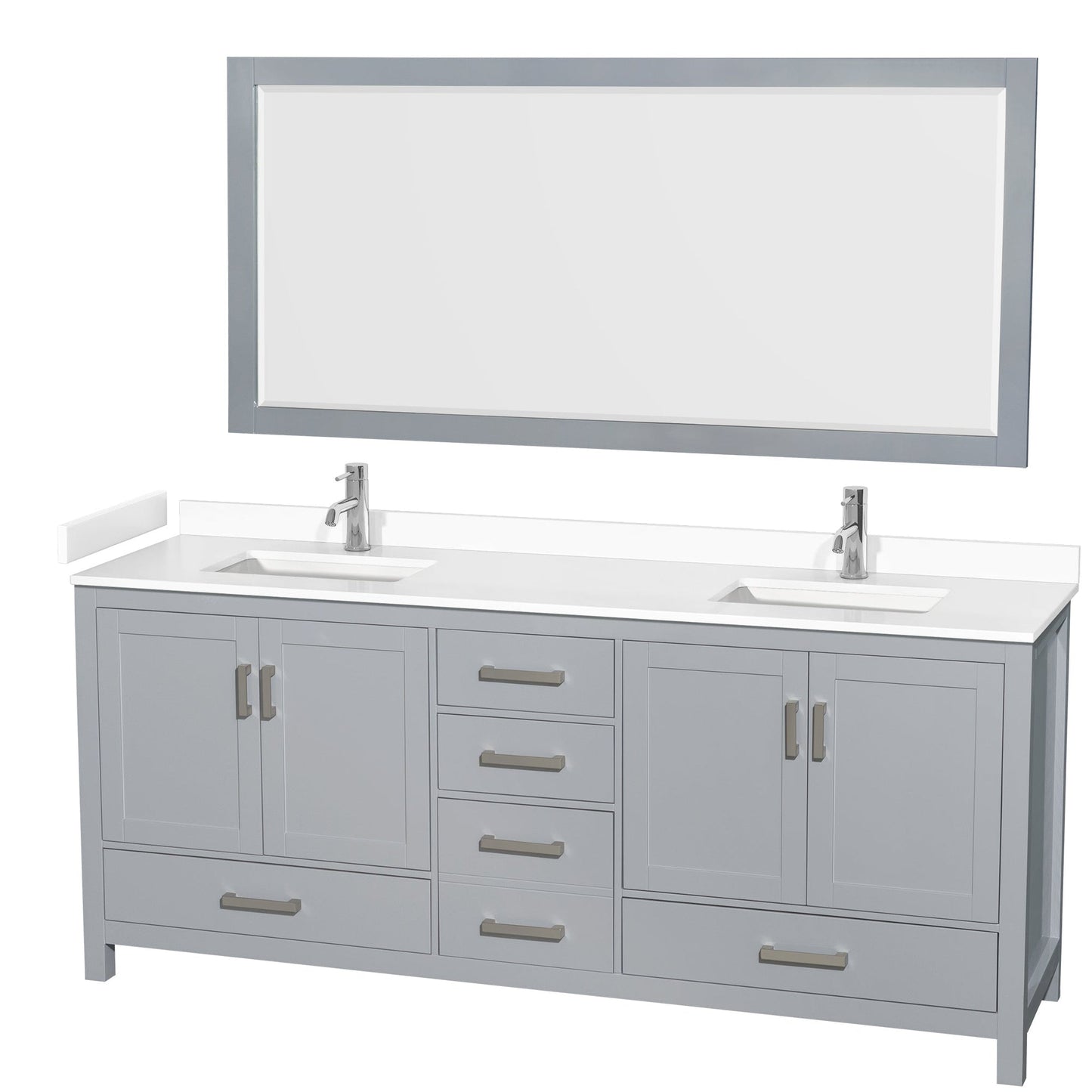 Wyndham Collection Sheffield 80" Double Bathroom Vanity in Gray, White Cultured Marble Countertop, Undermount Square Sinks, 70" Mirror