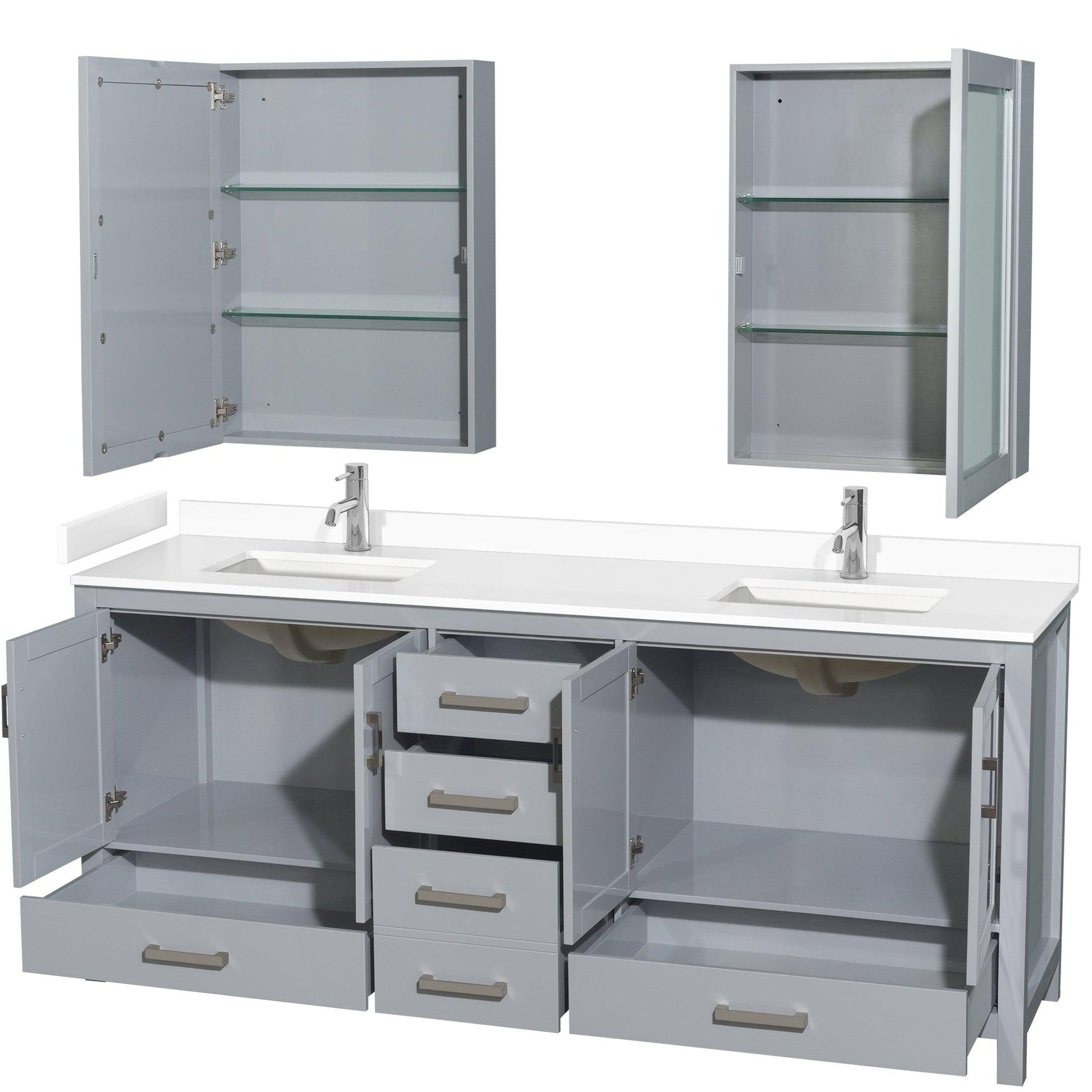 Wyndham Collection Sheffield 80" Double Bathroom Vanity in Gray, White Cultured Marble Countertop, Undermount Square Sinks, Medicine Cabinet