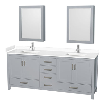 Wyndham Collection Sheffield 80" Double Bathroom Vanity in Gray, White Cultured Marble Countertop, Undermount Square Sinks, Medicine Cabinet