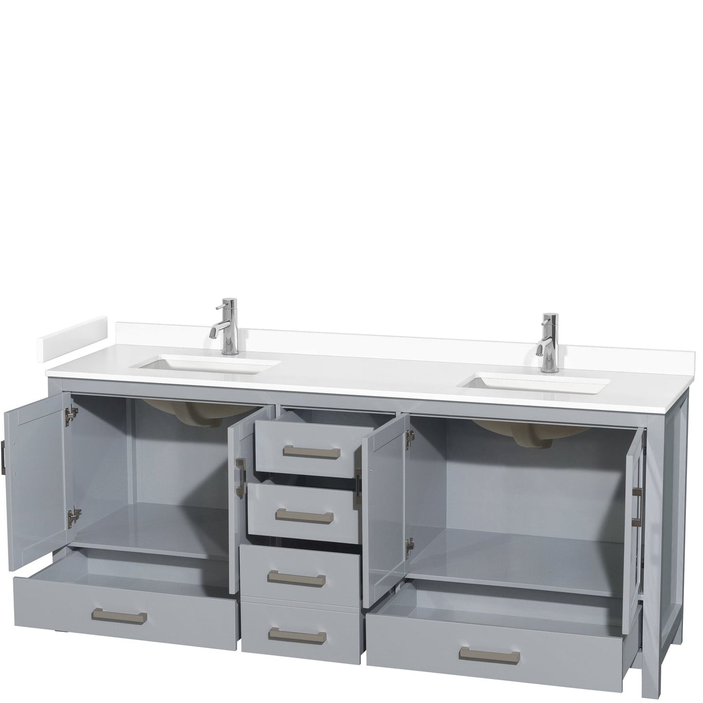 Wyndham Collection Sheffield 80" Double Bathroom Vanity in Gray, White Cultured Marble Countertop, Undermount Square Sinks, No Mirror