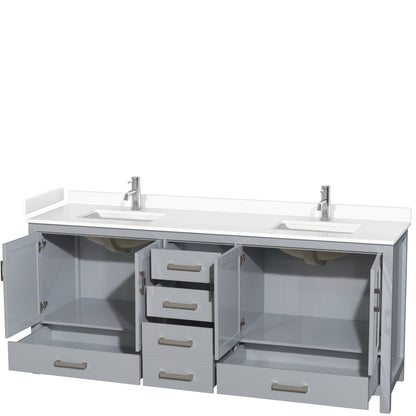 Wyndham Collection Sheffield 80" Double Bathroom Vanity in Gray, White Cultured Marble Countertop, Undermount Square Sinks, No Mirror