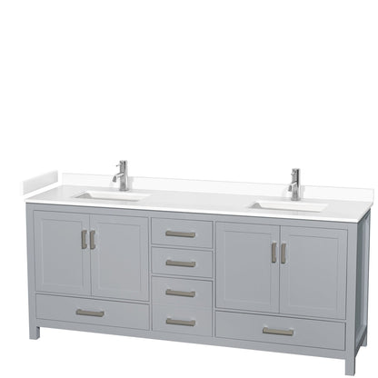 Wyndham Collection Sheffield 80" Double Bathroom Vanity in Gray, White Cultured Marble Countertop, Undermount Square Sinks, No Mirror