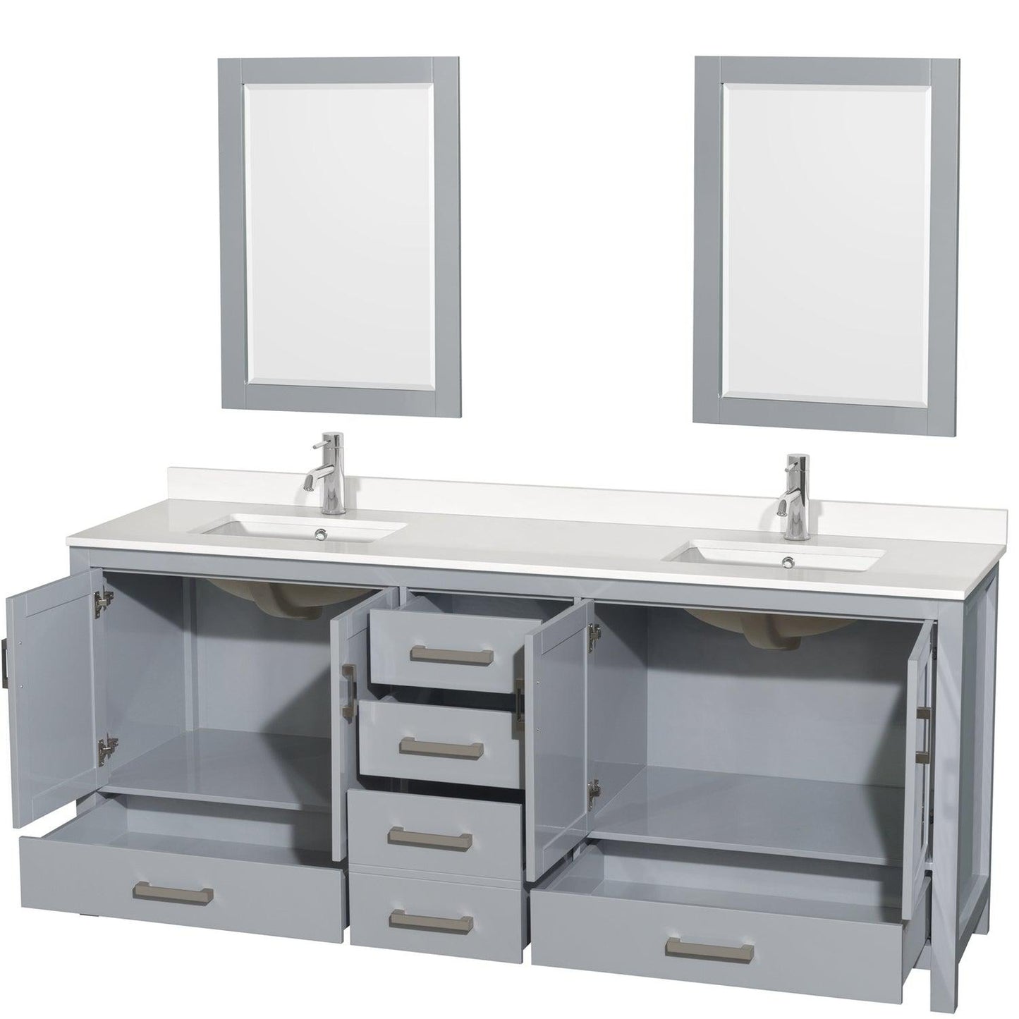 Wyndham Collection Sheffield 80" Double Bathroom Vanity in Gray, White Quartz Countertop, Undermount Square Sinks, 24" Mirror