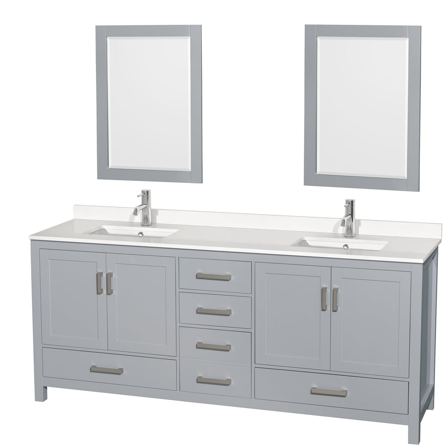 Wyndham Collection Sheffield 80" Double Bathroom Vanity in Gray, White Quartz Countertop, Undermount Square Sinks, 24" Mirror
