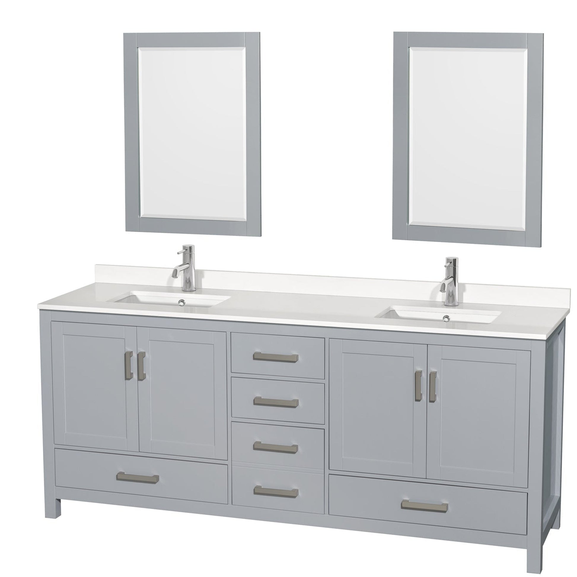 Wyndham Collection Sheffield 80" Double Bathroom Vanity in Gray, White Quartz Countertop, Undermount Square Sinks, 24" Mirror