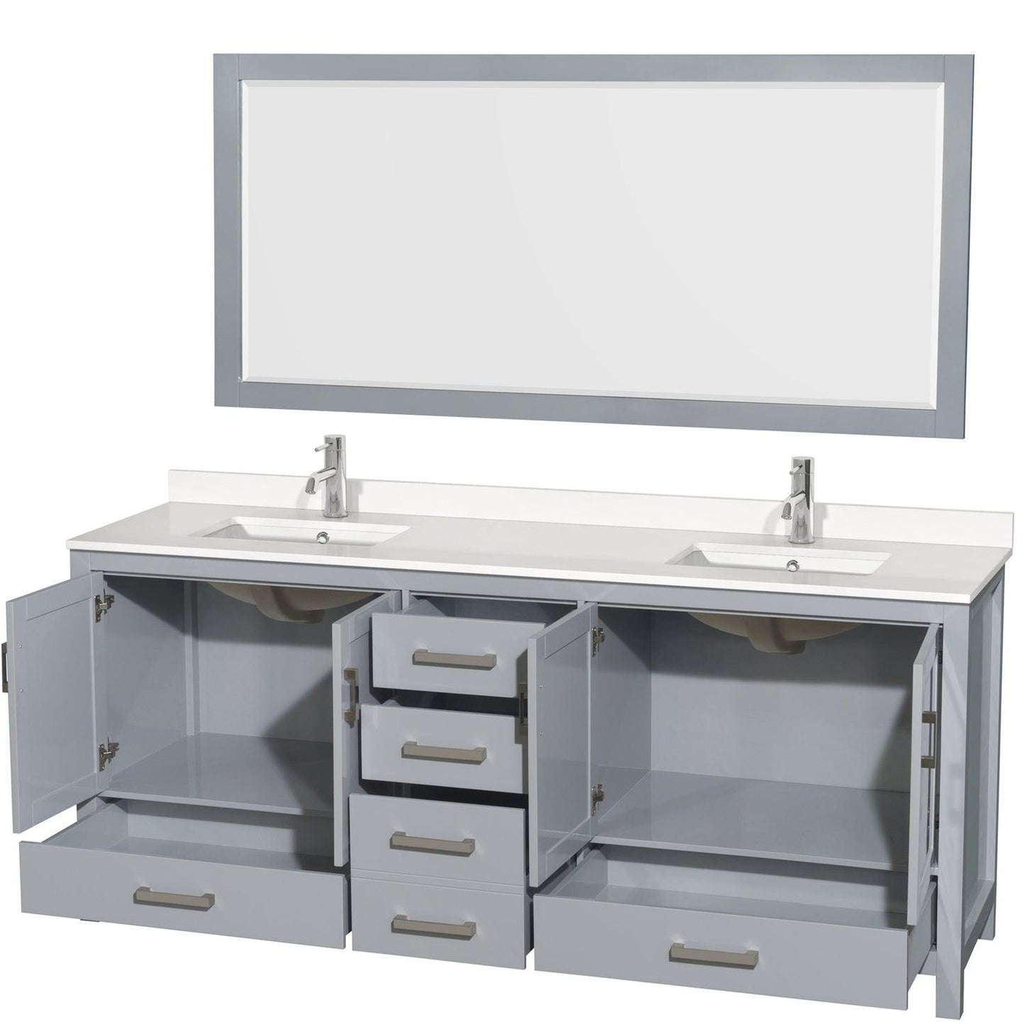 Wyndham Collection Sheffield 80" Double Bathroom Vanity in Gray, White Quartz Countertop, Undermount Square Sinks, 70" Mirror