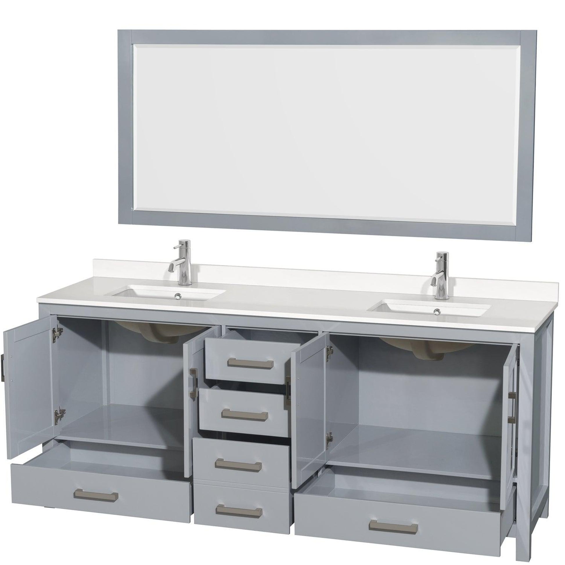 Wyndham Collection Sheffield 80" Double Bathroom Vanity in Gray, White Quartz Countertop, Undermount Square Sinks, 70" Mirror