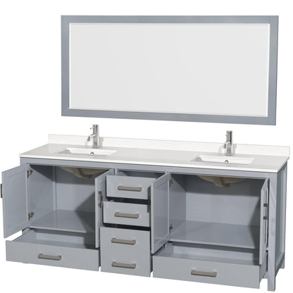 Wyndham Collection Sheffield 80" Double Bathroom Vanity in Gray, White Quartz Countertop, Undermount Square Sinks, 70" Mirror