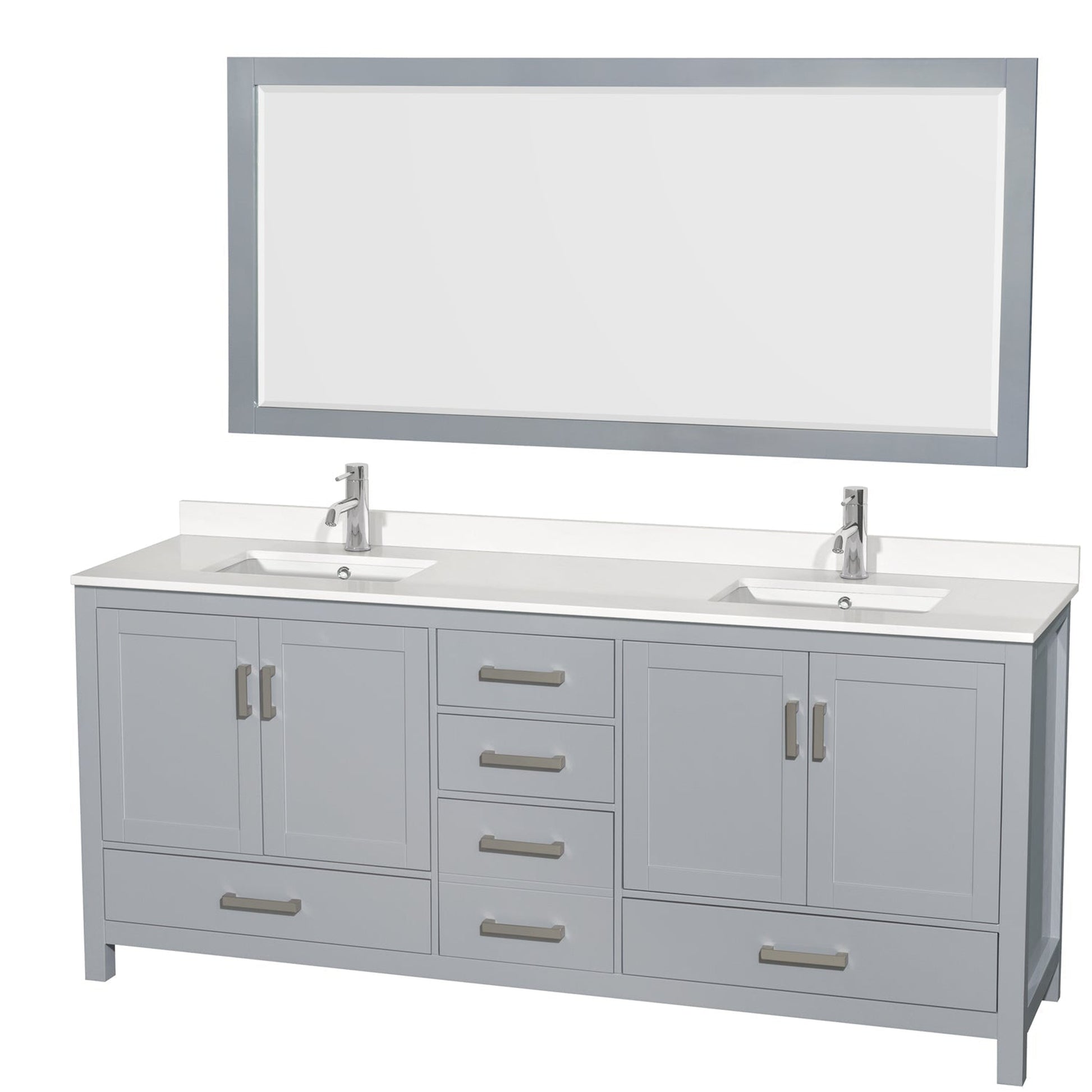 Wyndham Collection Sheffield 80" Double Bathroom Vanity in Gray, White Quartz Countertop, Undermount Square Sinks, 70" Mirror