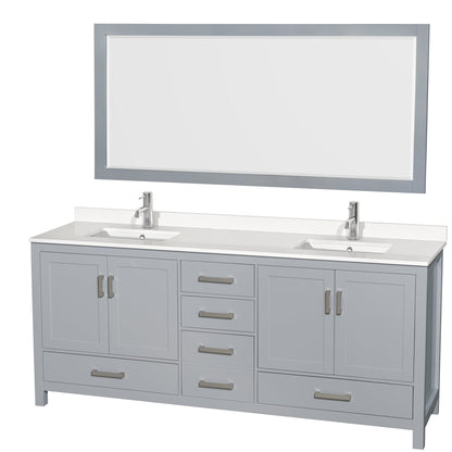 Wyndham Collection Sheffield 80" Double Bathroom Vanity in Gray, White Quartz Countertop, Undermount Square Sinks, 70" Mirror