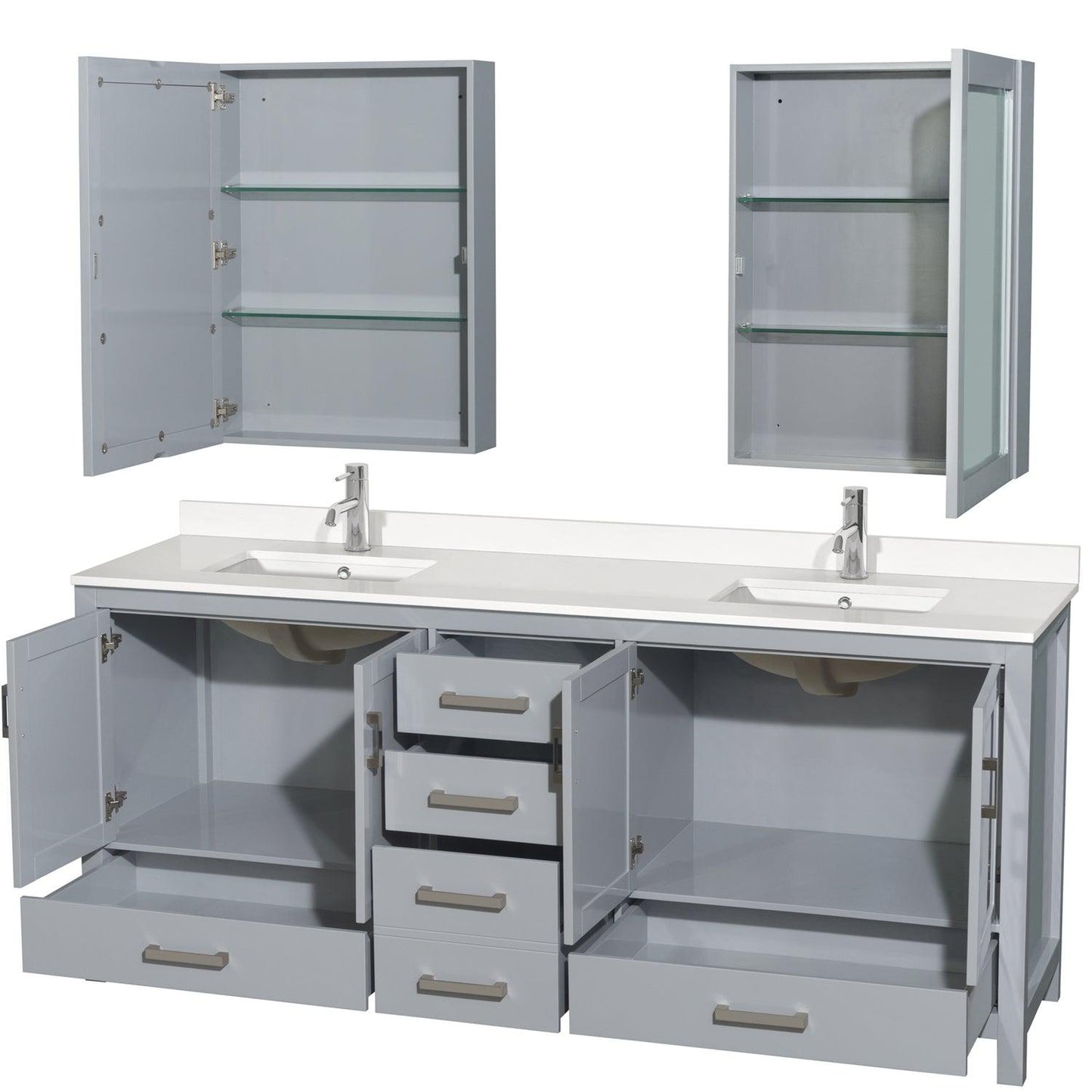 Wyndham Collection Sheffield 80" Double Bathroom Vanity in Gray, White Quartz Countertop, Undermount Square Sinks, Medicine Cabinet