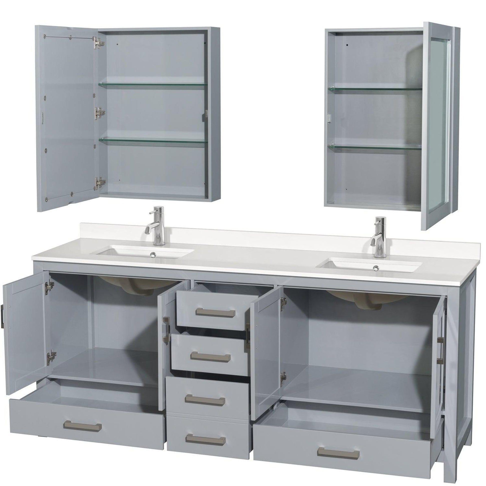 Wyndham Collection Sheffield 80" Double Bathroom Vanity in Gray, White Quartz Countertop, Undermount Square Sinks, Medicine Cabinet