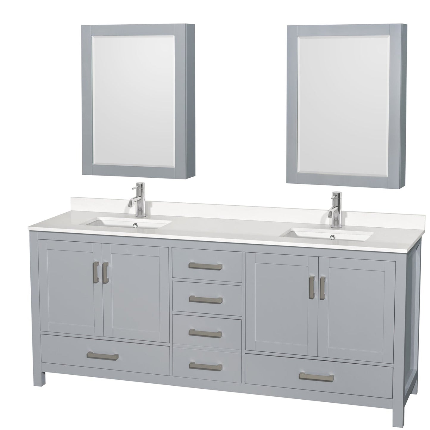 Wyndham Collection Sheffield 80" Double Bathroom Vanity in Gray, White Quartz Countertop, Undermount Square Sinks, Medicine Cabinet