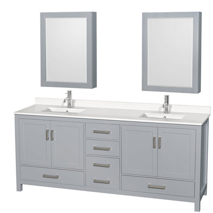 Wyndham Collection Sheffield 80" Double Bathroom Vanity in Gray, White Quartz Countertop, Undermount Square Sinks, Medicine Cabinet