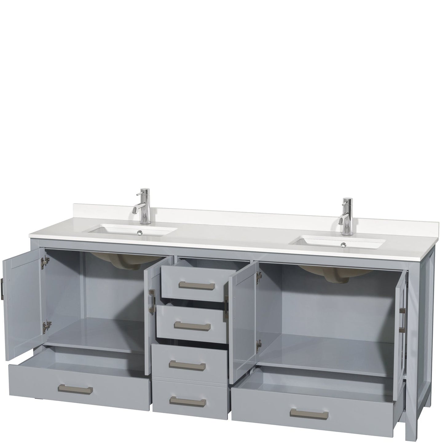 Wyndham Collection Sheffield 80" Double Bathroom Vanity in Gray, White Quartz Countertop, Undermount Square Sinks, No Mirror