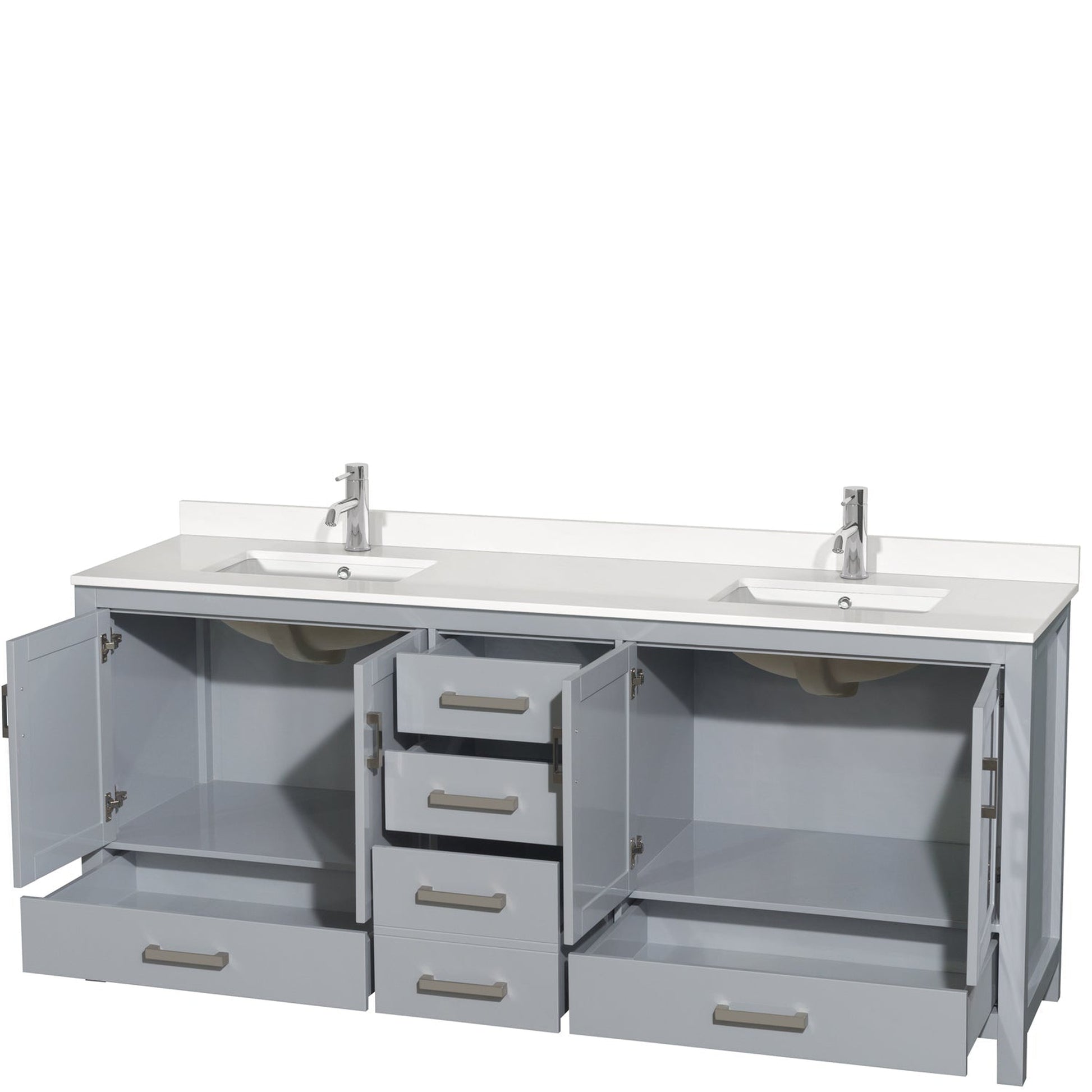 Wyndham Collection Sheffield 80" Double Bathroom Vanity in Gray, White Quartz Countertop, Undermount Square Sinks, No Mirror
