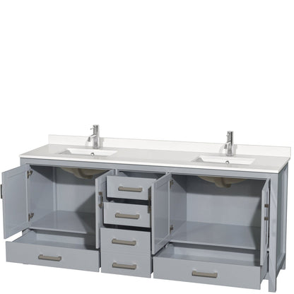 Wyndham Collection Sheffield 80" Double Bathroom Vanity in Gray, White Quartz Countertop, Undermount Square Sinks, No Mirror