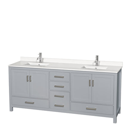 Wyndham Collection Sheffield 80" Double Bathroom Vanity in Gray, White Quartz Countertop, Undermount Square Sinks, No Mirror