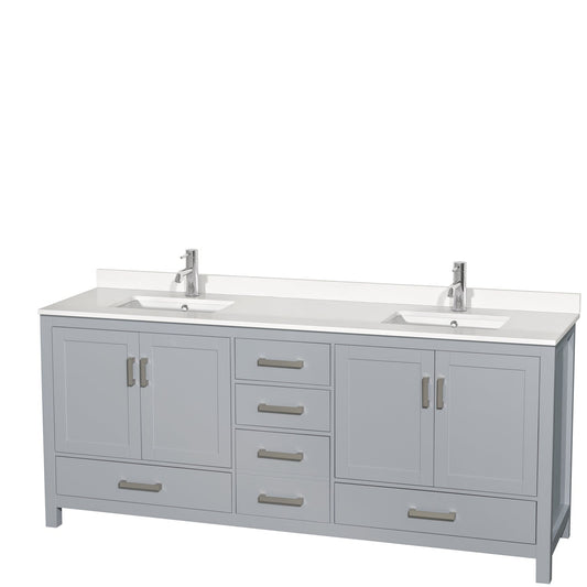 Wyndham Collection Sheffield 80" Double Bathroom Vanity in Gray, White Quartz Countertop, Undermount Square Sinks, No Mirror