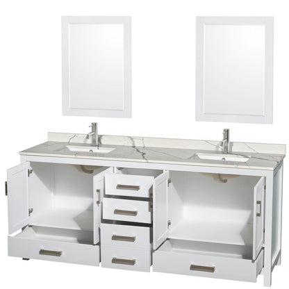 Wyndham Collection Sheffield 80" Double Bathroom Vanity in White, Calacatta Quartz Countertop, Undermount Square Sinks, 24" Mirror