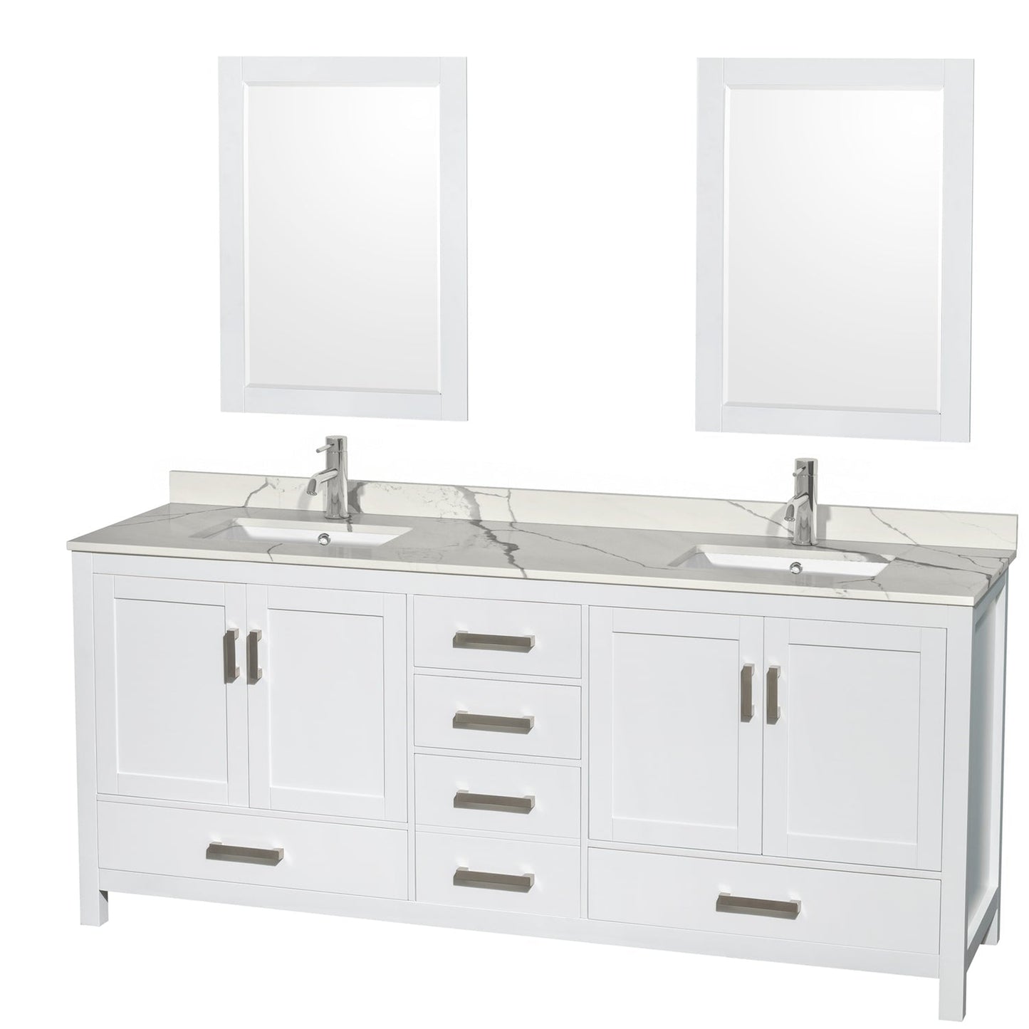 Wyndham Collection Sheffield 80" Double Bathroom Vanity in White, Calacatta Quartz Countertop, Undermount Square Sinks, 24" Mirror