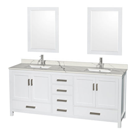 Wyndham Collection Sheffield 80" Double Bathroom Vanity in White, Calacatta Quartz Countertop, Undermount Square Sinks, 24" Mirror