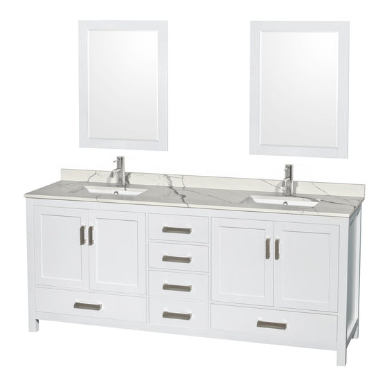 Wyndham Collection Sheffield 80" Double Bathroom Vanity in White, Calacatta Quartz Countertop, Undermount Square Sinks, 24" Mirror
