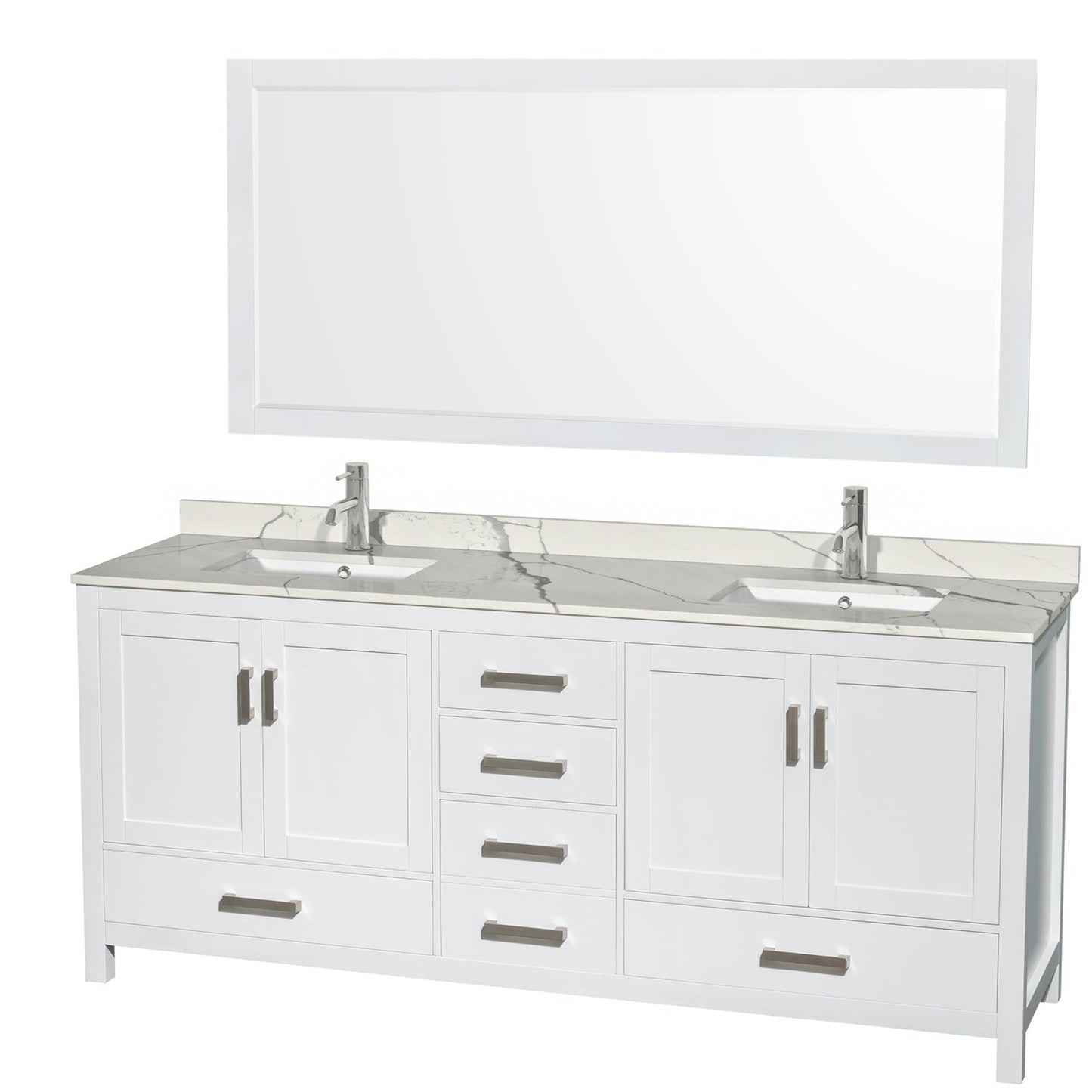 Wyndham Collection Sheffield 80" Double Bathroom Vanity in White, Calacatta Quartz Countertop, Undermount Square Sinks, 70" Mirror