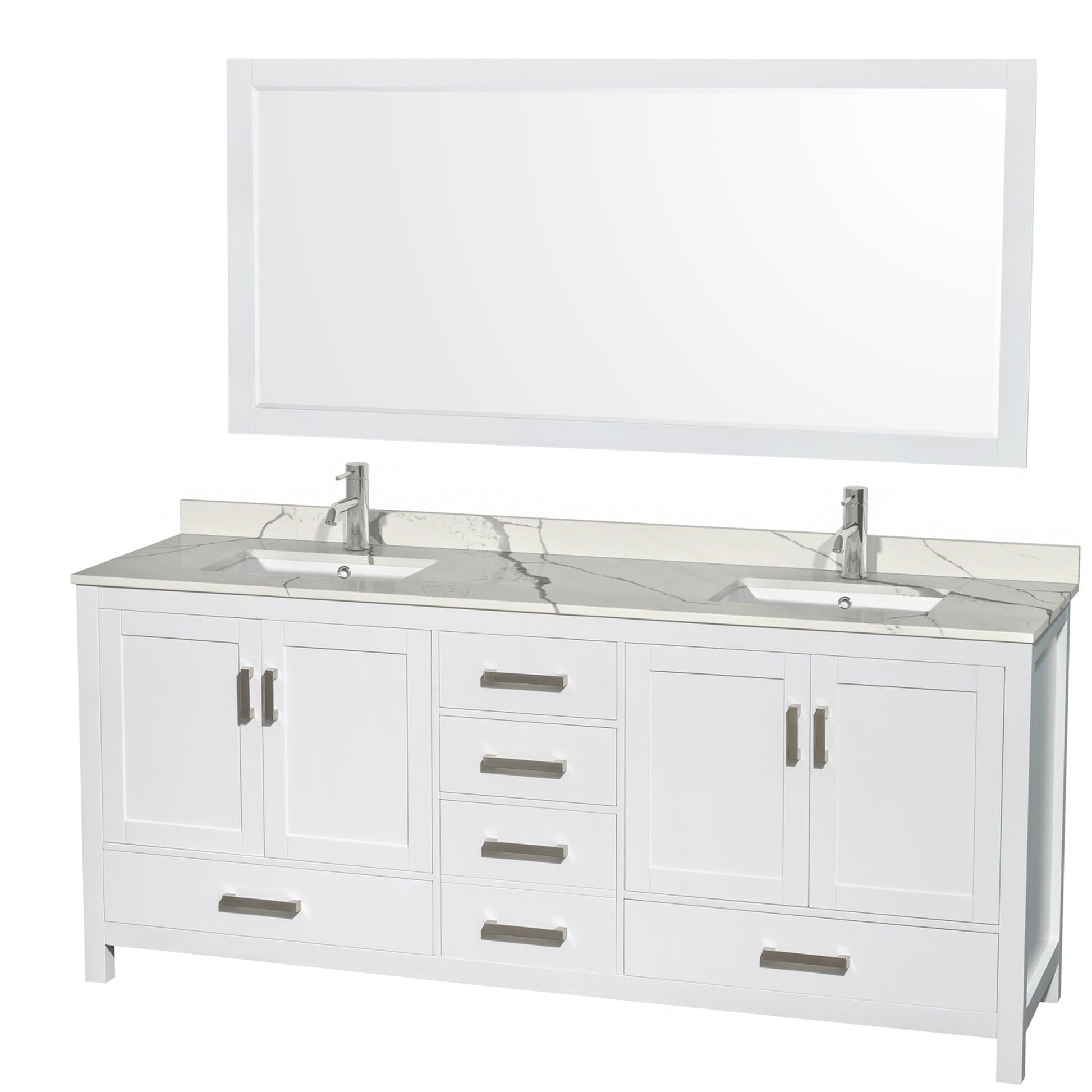 Wyndham Collection Sheffield 80" Double Bathroom Vanity in White, Calacatta Quartz Countertop, Undermount Square Sinks, 70" Mirror