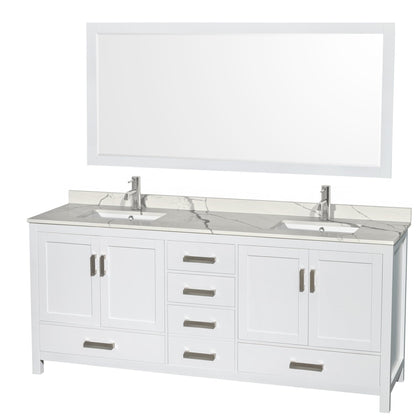 Wyndham Collection Sheffield 80" Double Bathroom Vanity in White, Calacatta Quartz Countertop, Undermount Square Sinks, 70" Mirror