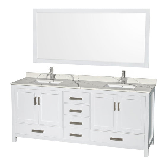 Wyndham Collection Sheffield 80" Double Bathroom Vanity in White, Calacatta Quartz Countertop, Undermount Square Sinks, 70" Mirror