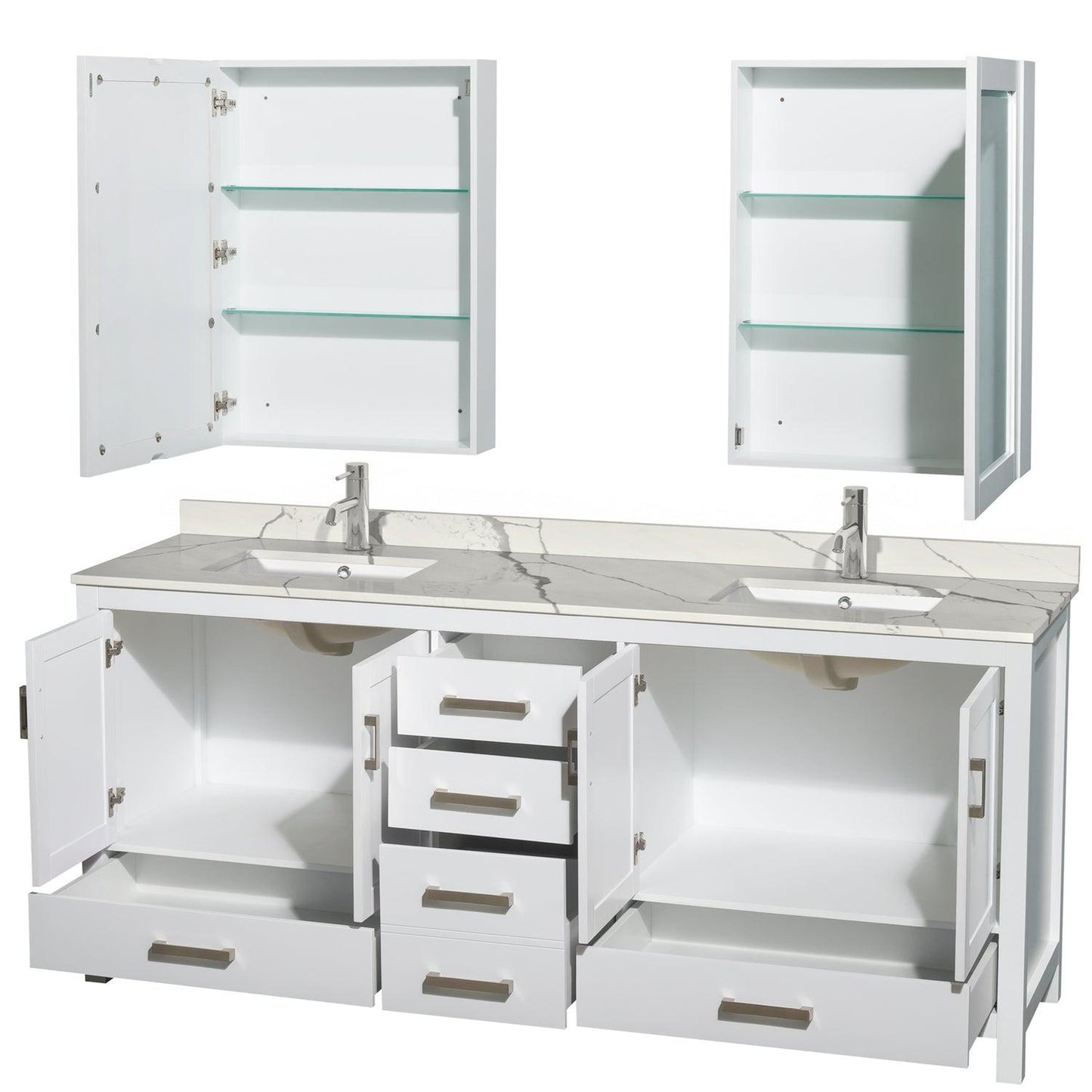 Wyndham Collection Sheffield 80" Double Bathroom Vanity in White, Calacatta Quartz Countertop, Undermount Square Sinks, Medicine Cabinet